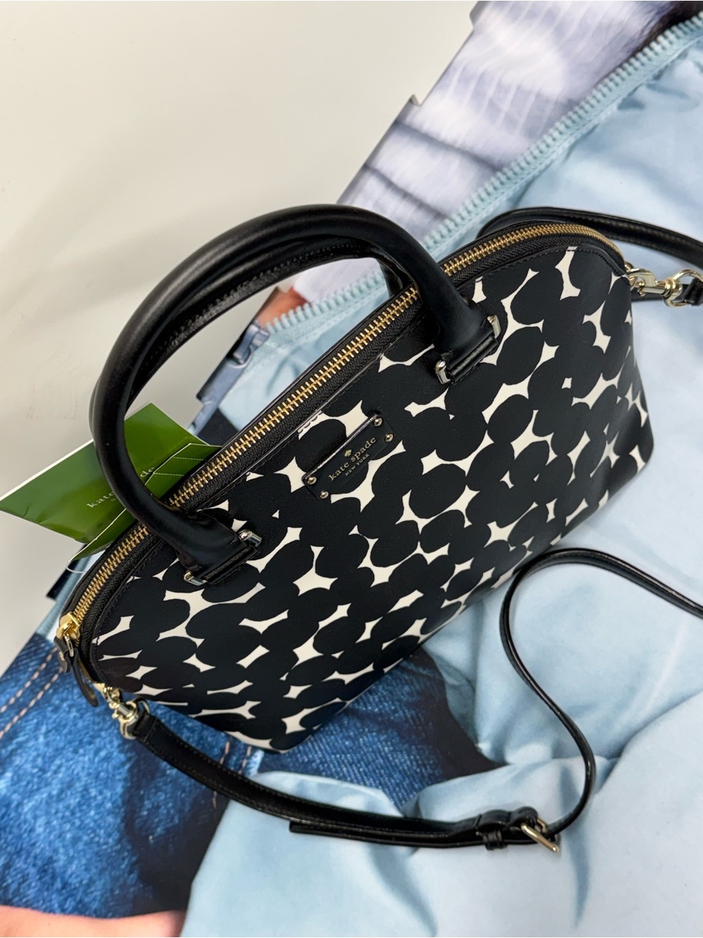 (new+tag) Kate Spade Leather Carli Polka Dot Black White Graphic Dome Satchel - Picture 7 of 12